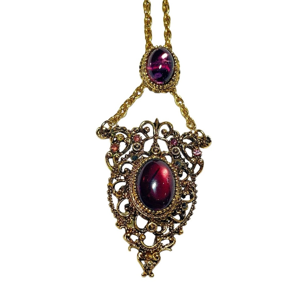 Vtg Gold Tone Filigree Pendant Necklace Amethyst Glass Cabochon Victorian Style